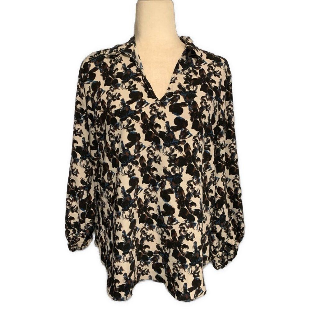 Nordstrom Womens Purple Blue White Black Floral Long Sleeve Blouse Top Medium
